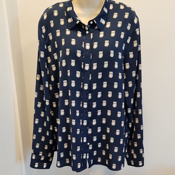 J. Crew Tops - J.Crew Navy Blue Patterned Owl Button-Up Shirt XL